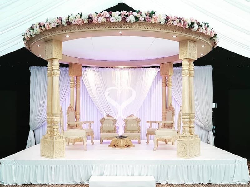 Classic White & Gold Fiberglass Mandap: High-Quality Fiber, Fabric